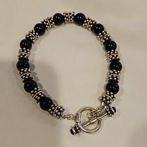 Vintage Sterling Silver Black Onyx Bead Toggle Bracelet 925 Two-Tone